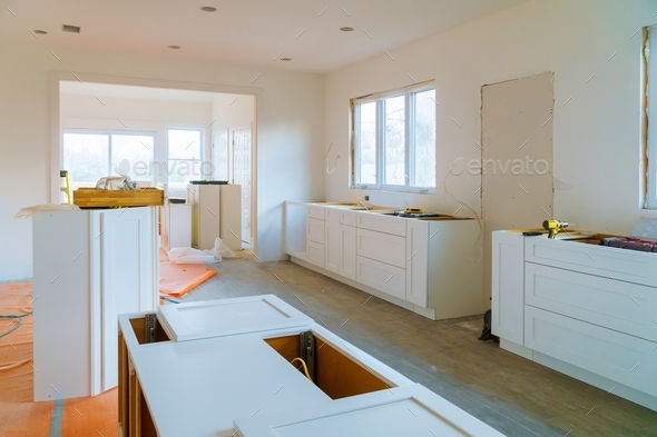Interior design construction of a kitchen white drawers of kitchen