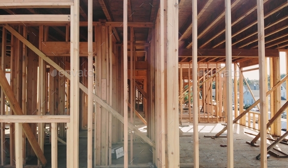 Building construction, wood framing and beam construction structure at new property development