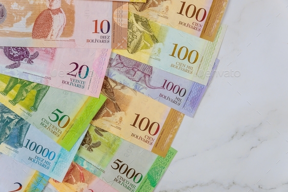 Banknote with different paper bills currency Venezuelan Bolivar