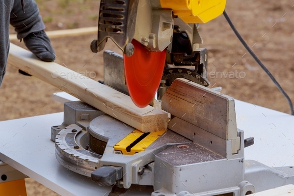 Woodwork equipment machinery circular saw cutting sharp rotary blade new wood board