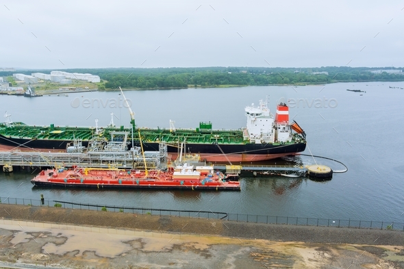 Aerial view cargo operations tanker ship, oil ship operation during petroleum transfer