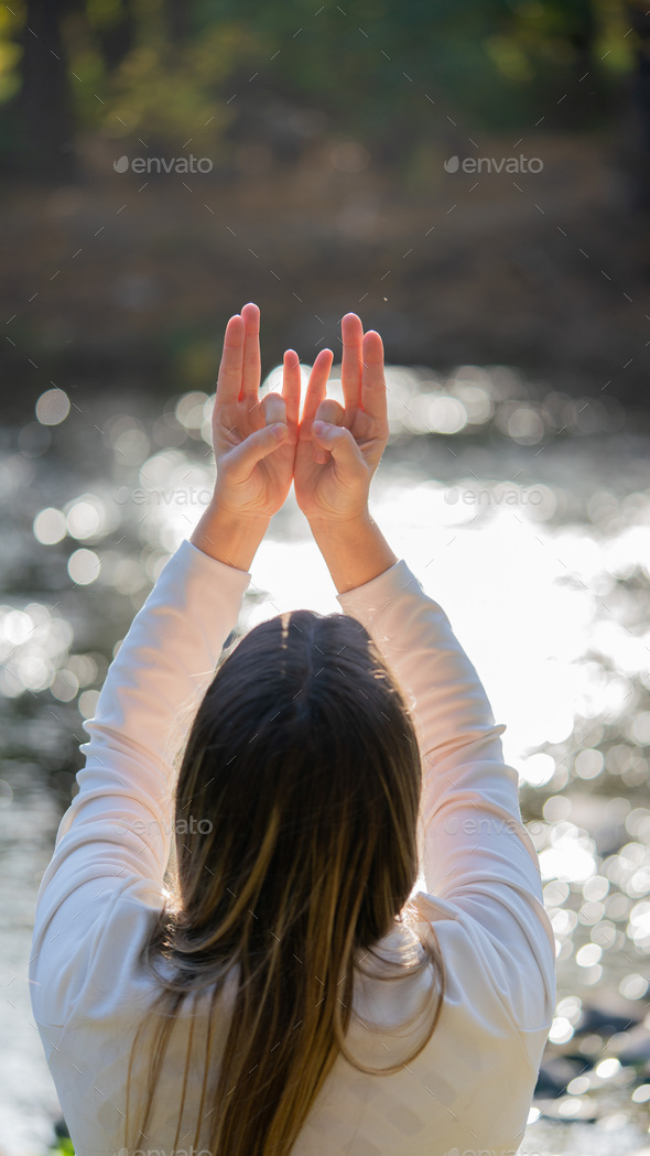 woman doing different mudras alternative medicine, mental health Stock