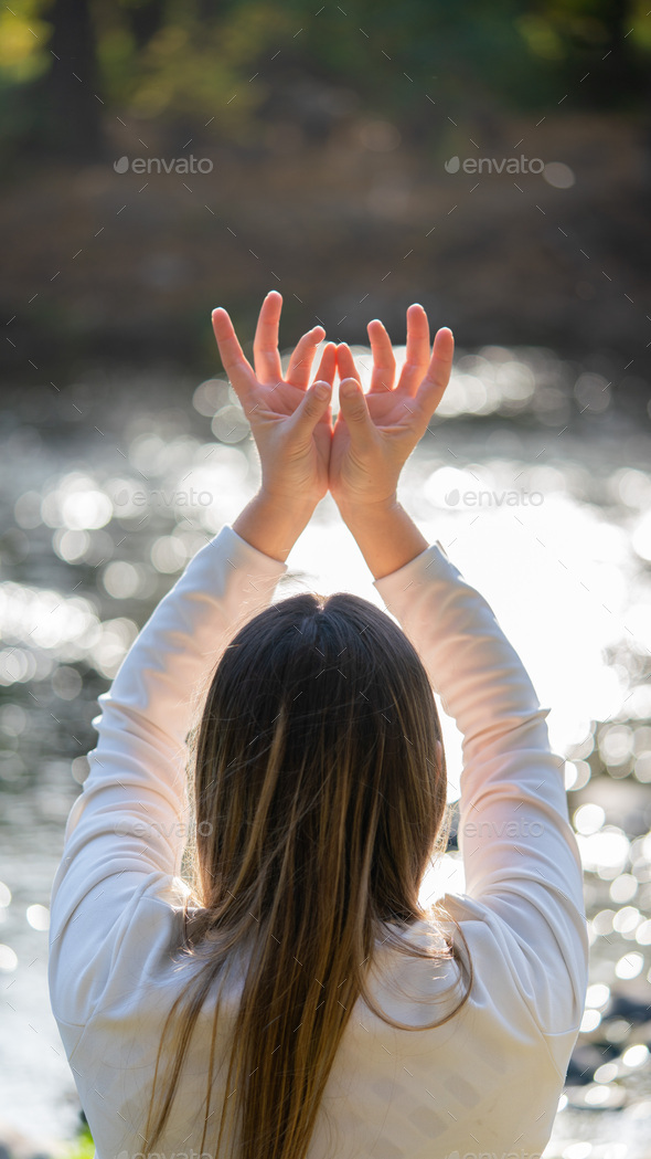 woman doing different mudras alternative medicine, mental health Stock