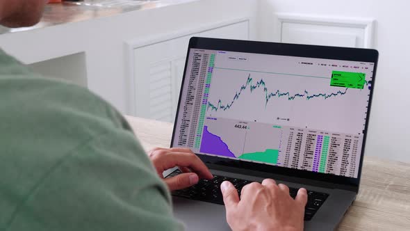 Over the Shoulder View of Male Trader Investor Works with Financial Charts Exchange Rates Stocks or alt