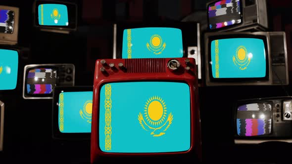 Flag of Kazakhstan on Retro TVs. 4K.