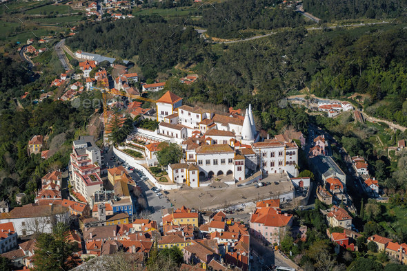 Aerial view of city and National Palace of Sintra - Sintra, Portugal - Stock Photo - Images