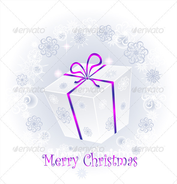 Gift Box with Bow on a Background of Snowflakes - Christmas Seasons/Holidays