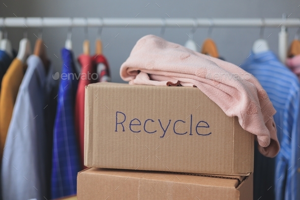 box of clothes for recycling. garbage sorting and an environmentally friendly lifestyle