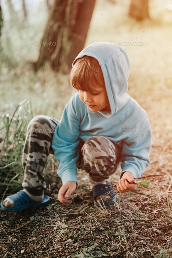 little kid boy collects twigs of brushwood for a campfire. countryside and children\'s rustic life
