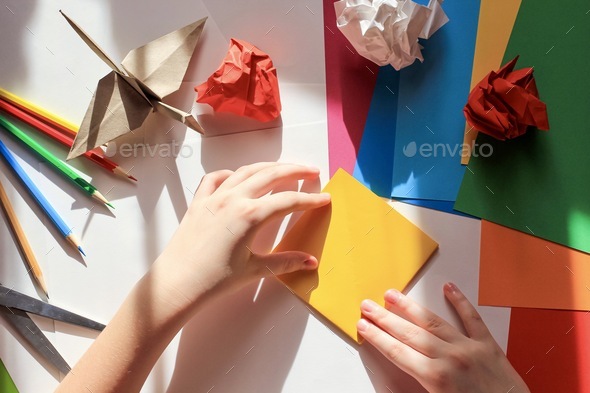 Concept of children's creativity, origami, back to school. N