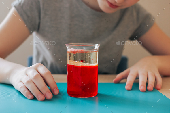 School girl doing science experiment with water, food coloring, oil and aspirin. Education.