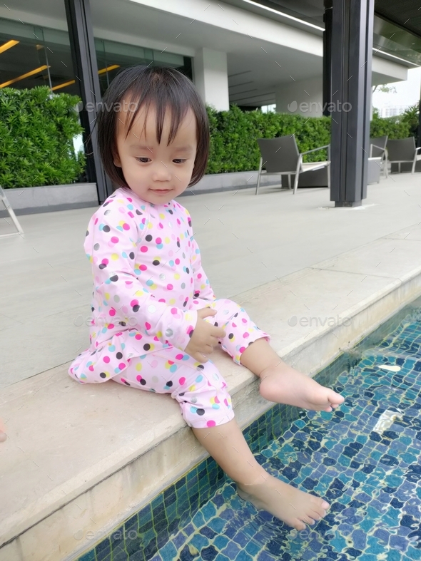 girl, portrait of child, cartoon, light, cute, swimming, pool swimming, swim - Stock Photo - Images