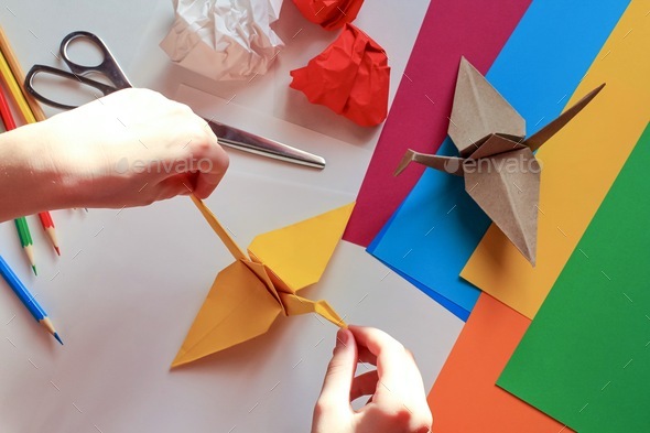 Concept of children's creativity, origami, back to school.