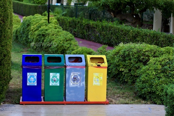 Different colored recycle garbage trash bins (cans) Environmental education, Disposal Classification