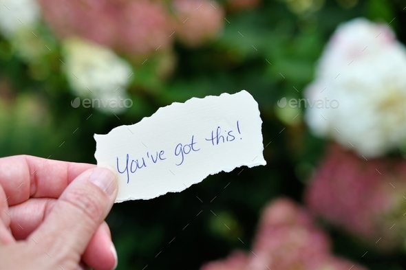 Handwritten message note You\'ve Got This! against a pink and white flowering bush