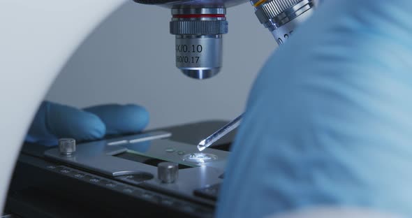 Technician Drips a Solution From Pipette on the Glass Slide for Further Examination Under of alt