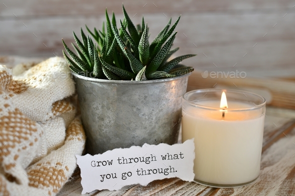 \'Grow through what you go through\' message sign note with succulent plant & lit candle.