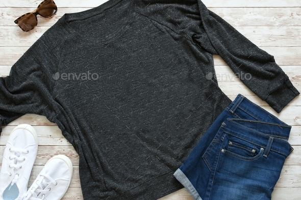 Plain gray light weight sweatshirt or long sleeve tee t-shirt mock up, your design, fashion flat lay