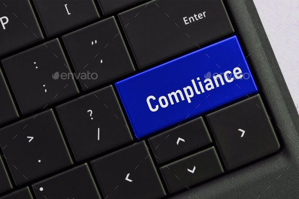 Computer keyboard with a COMPLIANCE button. Concept - changing procedures to adhere to regulations - Stock Photo - Images