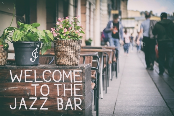 Welcome to the Jazz bar, sign at the bar entrance somewhere in New York City
