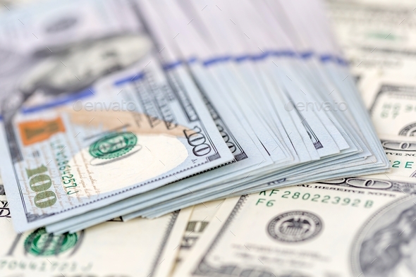 American dollars. A stack of new hundred dollar bills. Closeup view. - Stock Photo - Images