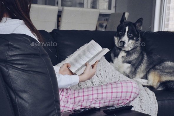 Young teenage girl sitting on a couch with her dog and reading a book