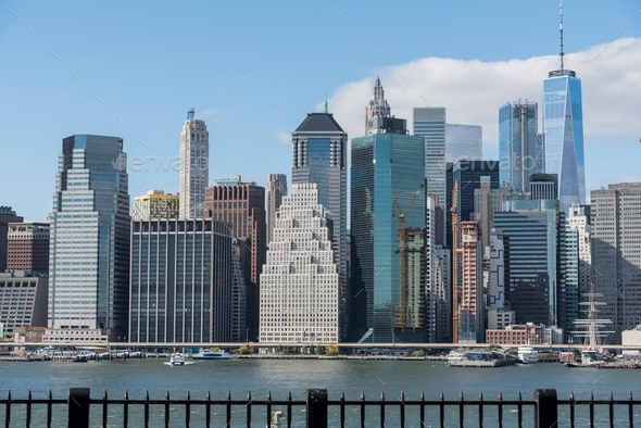 Manhattan skyline viewed from Brooklyn  - Stock Photo - Images