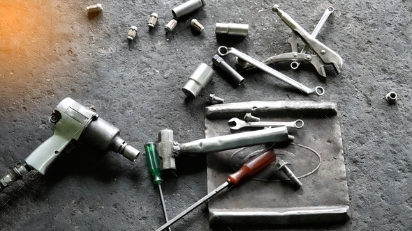 Garage tools on floor  - Stock Photo - Images