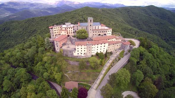 Aerial View Italy monastery, church with tower