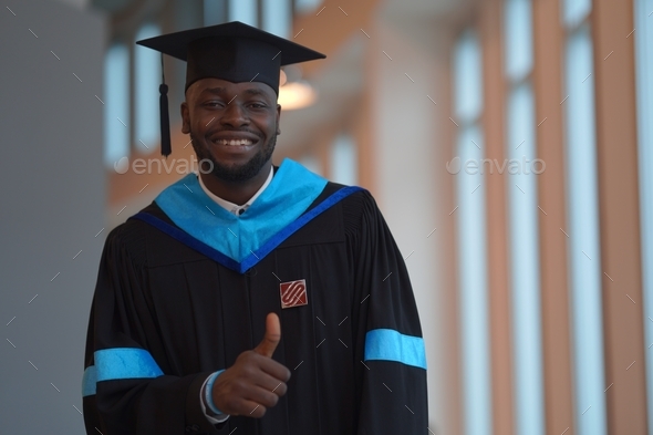new graduates. Afro male graduate is smiling against the background of university. Concept of educat