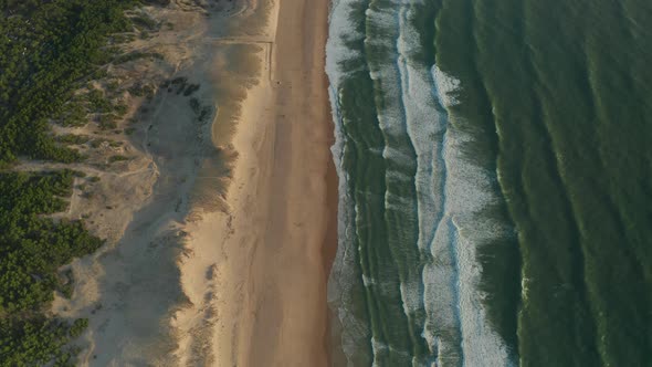 Tropical Beach with Dunes, Brown Sand and Green Ocean at Sunset, Aerial Birds Eye View Top Shot alt