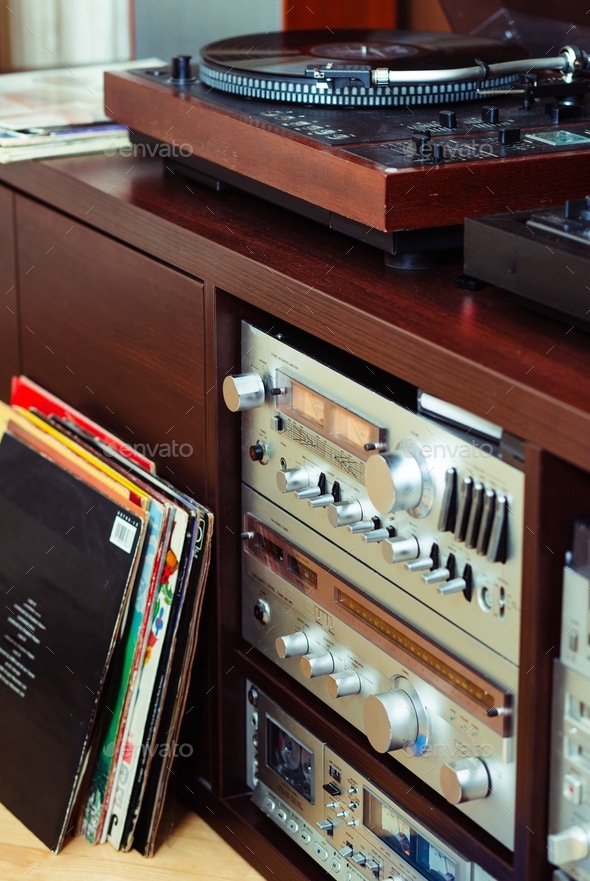 Set of audio equipment, record players, amplifiers, radio. Vinyl