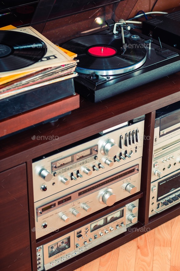 Set of audio equipment, record players, amplifiers, radio. Vinyl