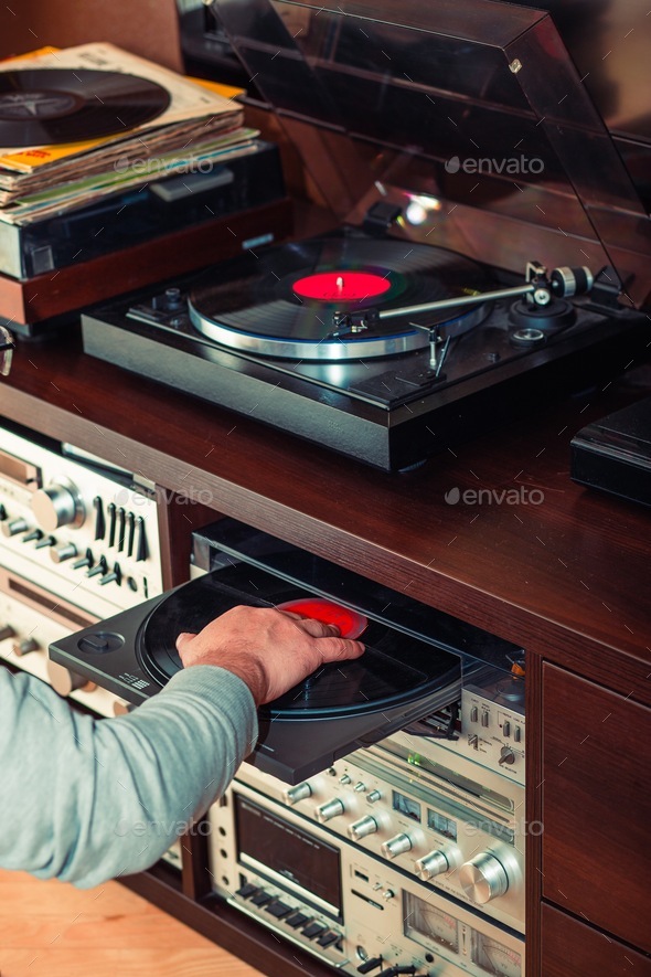Set of audio equipment, record players, amplifiers, radio Stock Photo