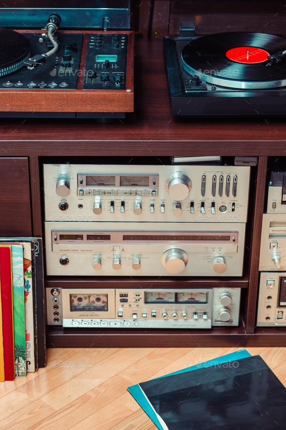 Set of audio equipment, record players, amplifiers, radio Stock Photo