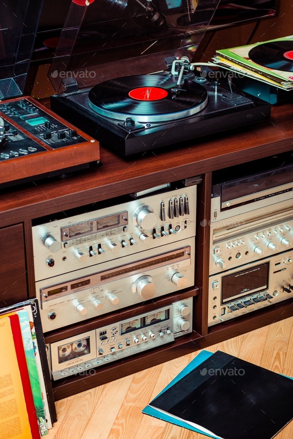 Set of audio equipment, record players, amplifiers, radio. Vinyl