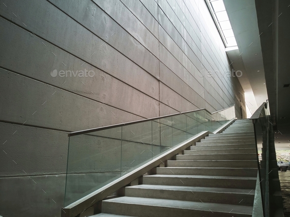 empty staircase, modern design with glass handrails