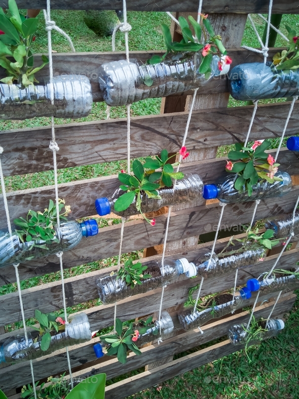 recycled bottles as vertical garden. reuse, reduce, recycling Stock ...