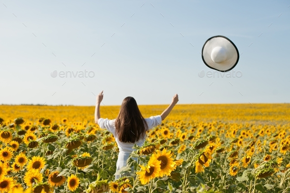 Woman in sunflower field on a sunny day with blue sky, young, happy, free, hands and hat in the air