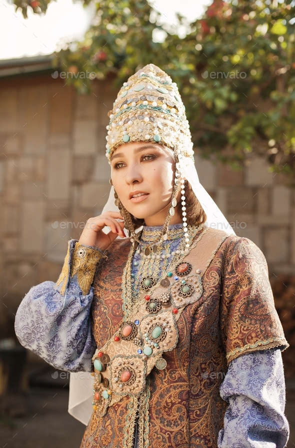 Global view, woman wearing traditional Tatar costume, ethnic, non-western cultures, ethnic group - Stock Photo - Images