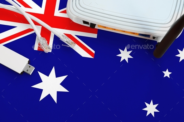 Australia flag depicted on table with internet rj45 cable, wireless usb ...