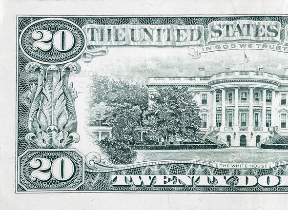 US 20 dollars banknote with white house closeup macro fragment