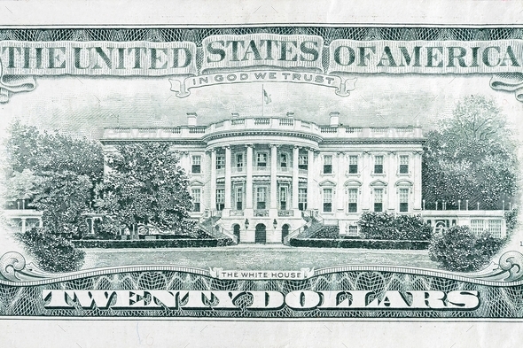 US 20 dollars banknote with white house closeup macro fragment