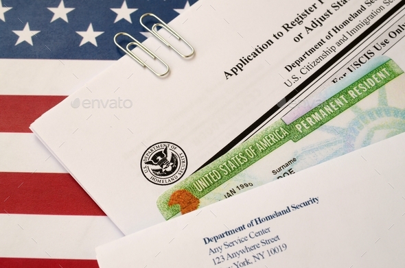 I-485 Application to register permanent residence or adjust status form and green card from