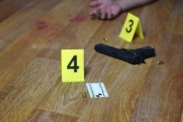Bloody crime scene with dead body and gun on floor
