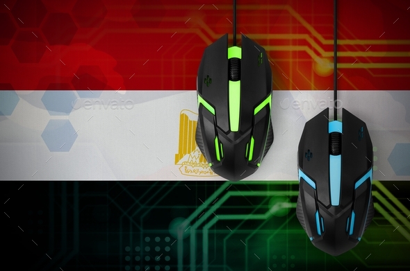 Egypt flag and two modern computer mice with backlight