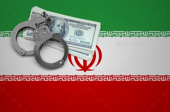 Iran flag with handcuffs and a bundle of dollars