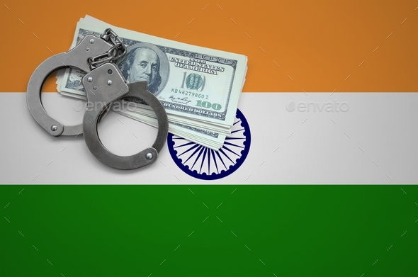 India flag with handcuffs and a bundle of dollars