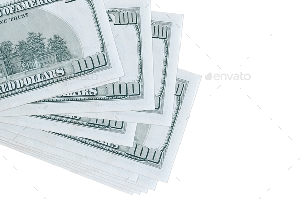 100 US dollars bills lies in small bunch or pack isolated on white. Mockup with copy space. Busines