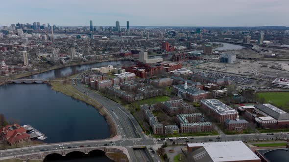 Aerial Slide and Shot of Harvard Business School Buildings Complex alt